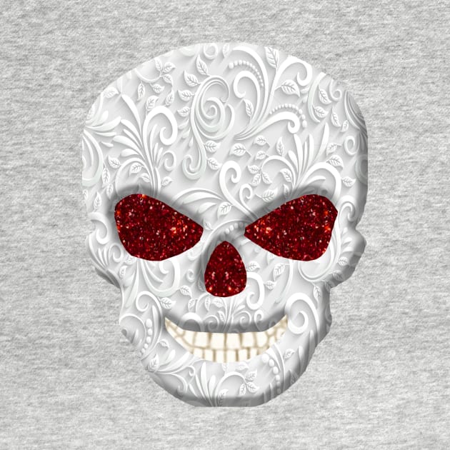 Lacy Floral Faux Red Glitter Eyes Skull by Atteestude